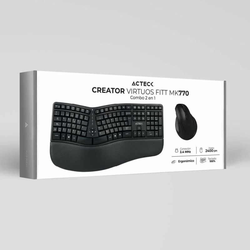KIT ACTECK CREATOR VIRTUOS FITT MK770 / TECLADO Y MOUSE VERTICAL / INALAMBRICO / RECEPTOR USB / RECARGABLE / 118 TECLAS / ESPAÑOL / MULTIMEDIA / OPTICO / 2400 DPI AJUSTABLE / NEGRO / AC-936248 image 8