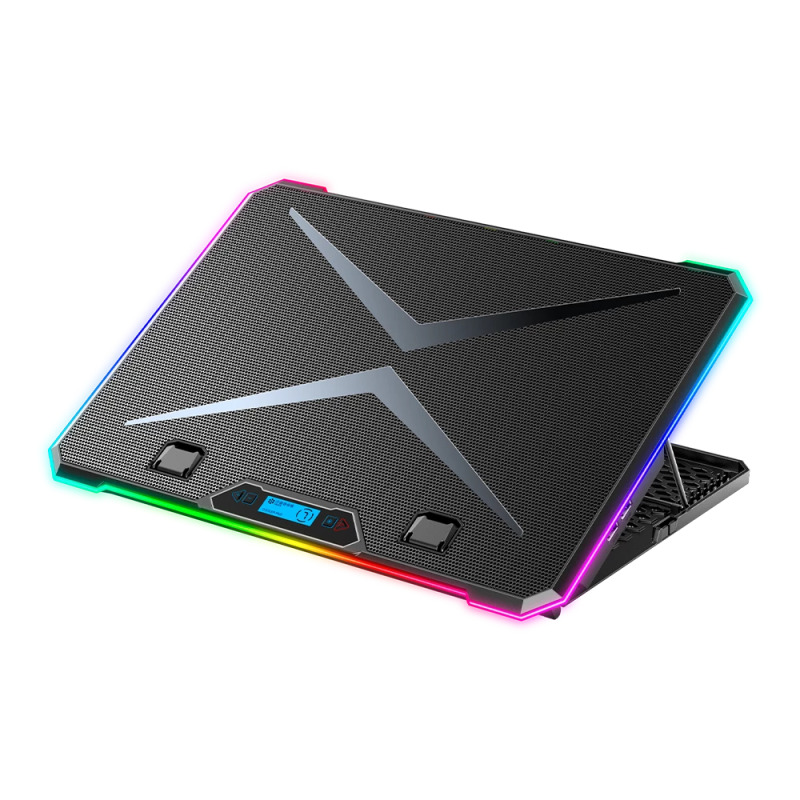 BASE ENFRIADORA BALAM RUSH EOLOX FREEZ EF707 / 17 PULG / 6 VENTILADORES / 2X USB / PANTALLA LCD / AJUSTABLE 8 NIVELES / ILUMINACION RGB / ANTIDERRAPANTE / NEGRO / BR-937429