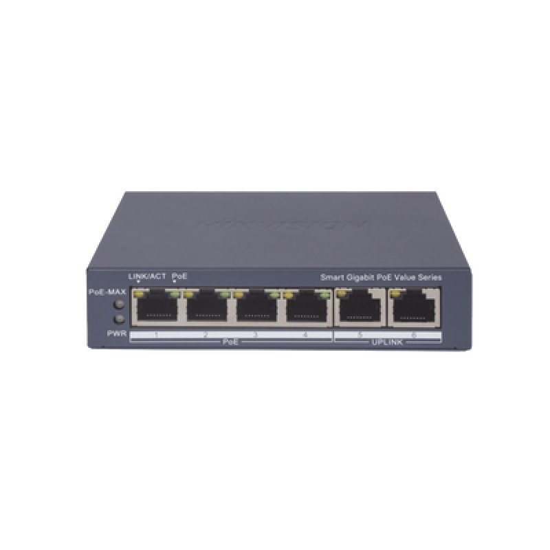 Switch Gigabit PoE / Administrable / 4 Puertos 1000 Mbps PoE / 2 Puertos 1000 Mbps Uplink / Configuración Nube HikPartnerPro / Modo Extendido hasta 300 Metros / 45 Watts