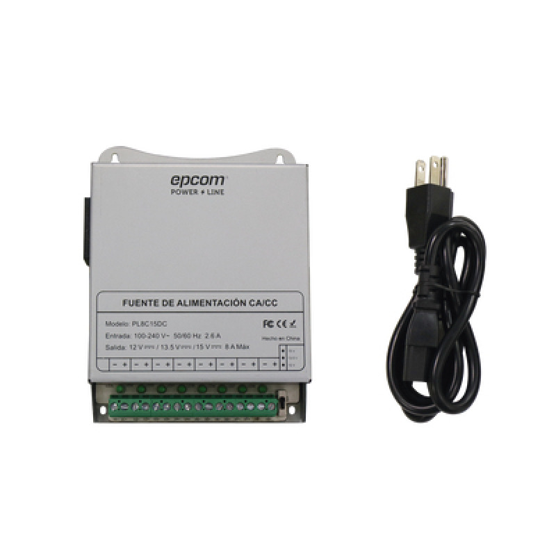 Fuente de Poder Metálica / Para 8 Cámaras / Ajustables a 12 o 135 o 15 Vcc / 8 Amperes / Instalación en Pared