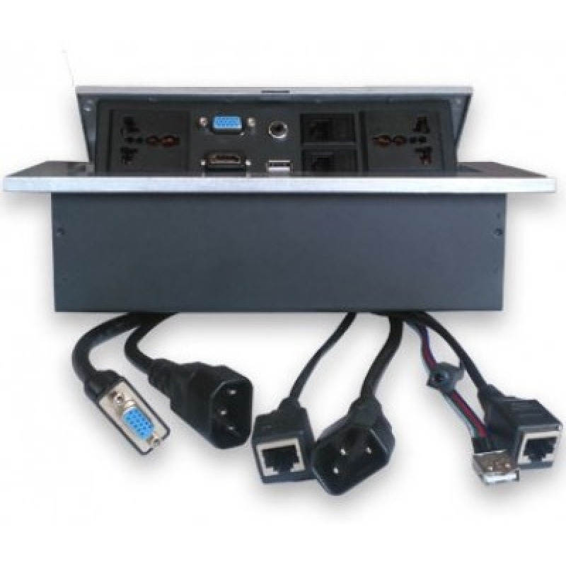 CAJA BROBOTIX PARA MESA HDMI X1, USB X1, CORRIENTE X2, RJ45 X2, SVGAX1, STEREO X1, PLATA