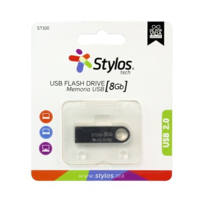 MEMORIA USB STYLOS (STMUSB1B) 8GB, ST100, USB 2.0, METAL PLATA