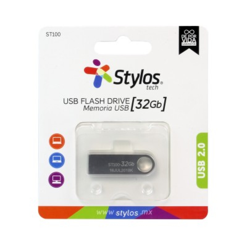 MEMORIA USB STYLOS (STMUSB3B) 32GB, ST100, USB 2.0, METALICA PLATA
