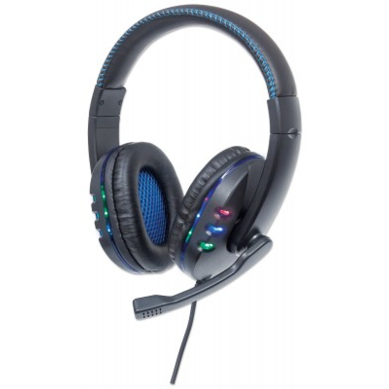 MANHATTAN 176088 - Audífonos USB para videojuegos, con luces LED Para PC, PS3 y PS4, micrófono retráctil integrado, función de control de audio, cable USB de 1,8 m integrado, color negro y azul image 2