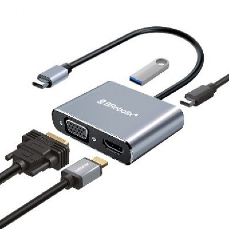 DOCKING STATION BROBOTIX 4 EN 1, USB-C MACHO X1 A HDMI 2K Y 4K X1, SVGA X1, USB-A V3.0 X 1, USB-C HEMBRA X1, COLOR PLATA image 2