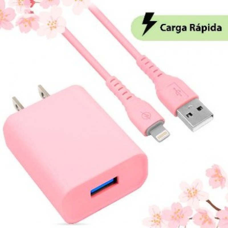 COMBO BROBOTIX CARGADOR DE PARED + CABLE USB-A A LIGHTNING, CARGA RAPIDA, 18W, COLOR ROSA
