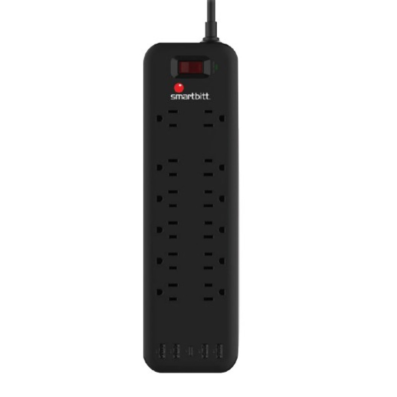 Supresor de picos Smartbitt SBSS-B12-5U 12 NEMA 5-15R 3600 Joules 1 x USB-C 5V-3A y 4 x USB-A 5V-2.4A switch On/Off 13A