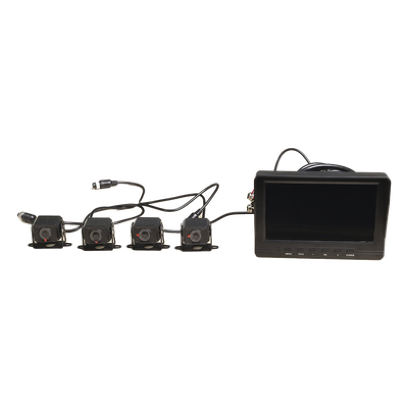 Sistema de Monitoreo Local / 4 Cámaras 1080p para Exterior IP68 y Pantalla LCD de 7 a Color / Memoria Micro SD de 64 GB Expandible a 512 GB / Soporta Cambio de Cámara al Dar Reversa al Vehiculo / Accesorios de Instalación