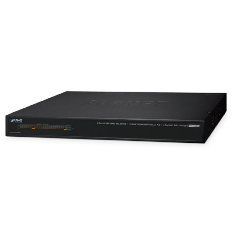 Switch AV Profesional para Integraciones Audiovisuales  8 Puertos PoE Gigabit 8023bt 16 Puertos PoE Gigabit 8023at 4 Puertos SFP 10 G Hasta 450 W de Potencia