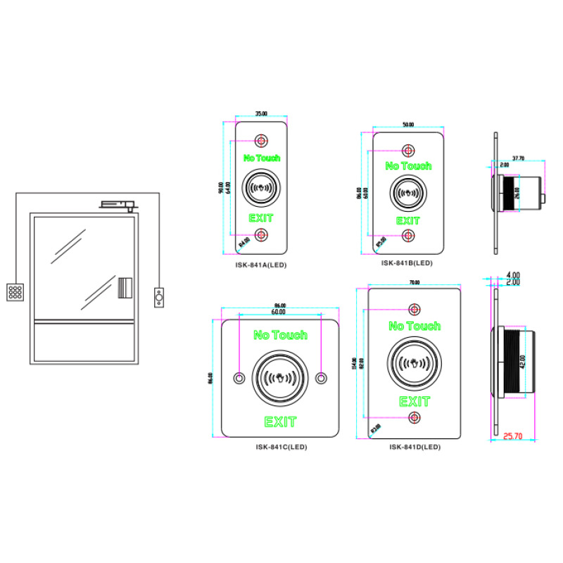 YLI ISK841BLED- Botón liberador sin contacto con sensor infrarrojo con rango de detección ajustable y apertura de retraso programable de 1 a 25 segundos requiere caja de instalación  image 2