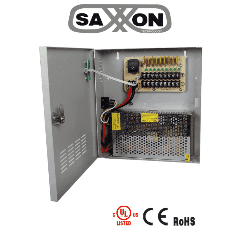 SAXXON PSU1220-D9 - Fuente de Poder de 12 vcd/ 20 Amperes/ Para 9 Camaras/ 2.2 Amperes por Canal/ Protección contra Sobrecargas/ Certificación UL/