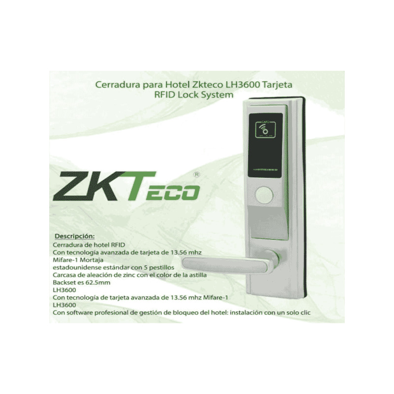ZKTECO LH3600R - Cerradura Derecha para Hotel / Mifare 13.56  Mhz / 35 A 55  mm de Grosor de Puerta / 2 Pestillos  image 12