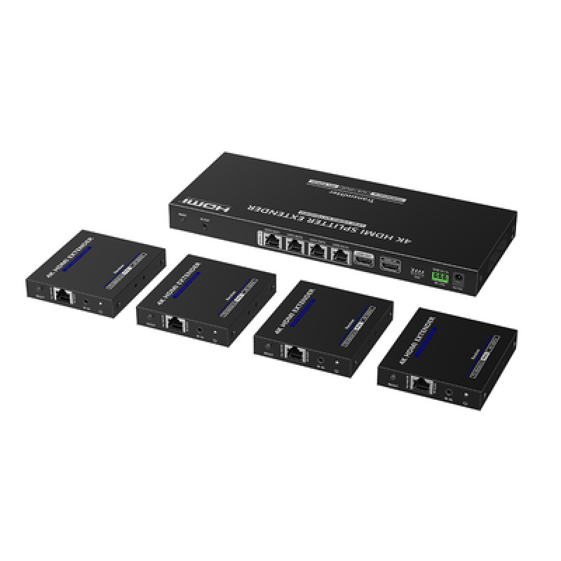 Kit Divisor y Extensor HDMI / Divide 1 Fuente HDMI a 4 Pantallas / Extiende la señal HDMI hasta 70 m / Resolución 4K  60 Hz/ Cat 6/6a/7 / IPCOLOR / CERO LATENCIA / Uso 24/7 / Puerto S/PDIF / EDID / RS232 / Salida Loop / Alimente solo el Tx