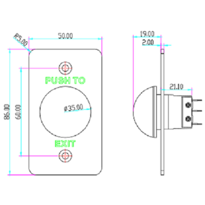 YLI PBK818A - Botón de salida en acero inoxidable salidas NO y  NC en acabado color verde compatible con caja para instalacion clave 76017 image 4