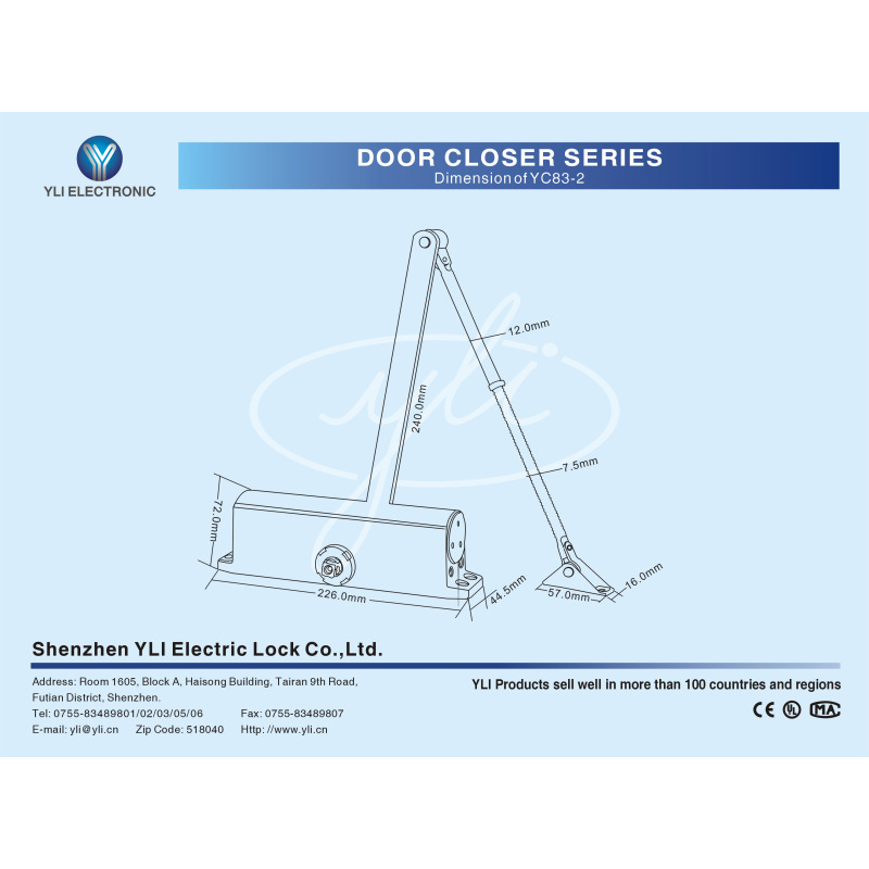 YLI YC832  - Brazo cierra puerta automático / Para puertas de 100 kg / Compatible con puertas de madera, vidrio, metal / Velocidad ajustable de cierre / Instalación izquierda o derecha  image 2
