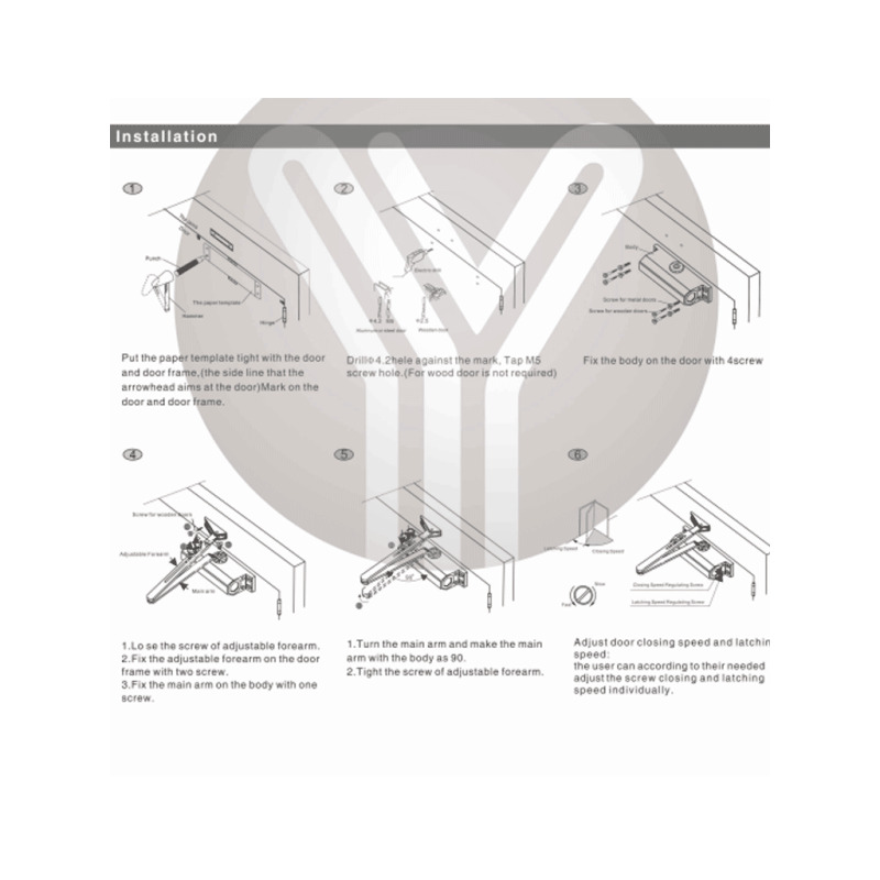 YLI YC832  - Brazo cierra puerta automático / Para puertas de 100 kg / Compatible con puertas de madera, vidrio, metal / Velocidad ajustable de cierre / Instalación izquierda o derecha  image 6