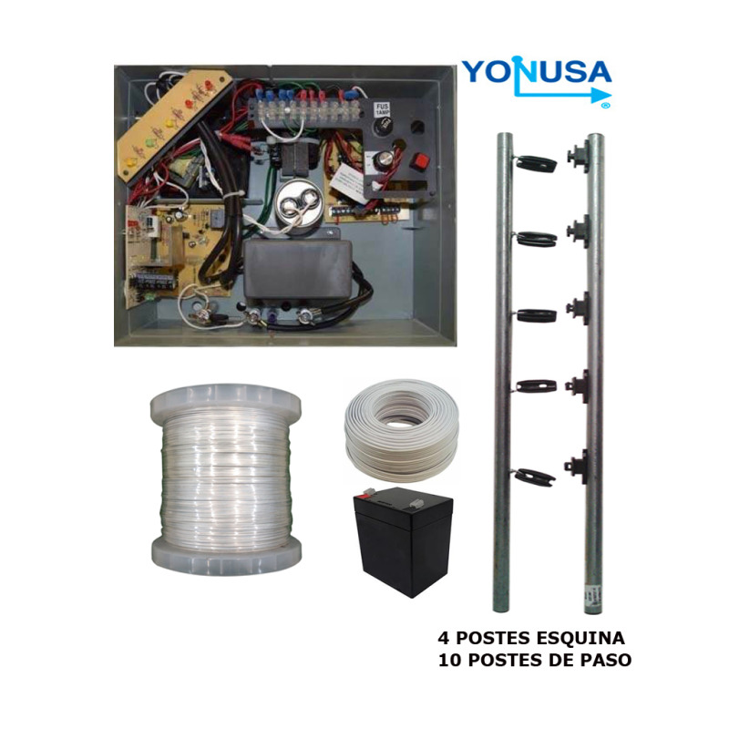 YONUSA PAKEY10000127AF - Paquete de ENERGIZADOR de alta frecuencia ANTIPLANTAS 10 000V / Postes de paso / Postes esquina / Bobina de alambre / Cable bujia / Bateria