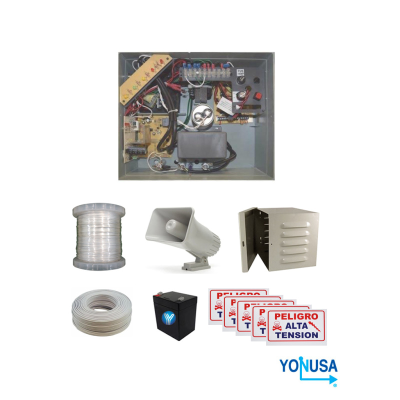 YONUSA PACK127AF -Paquete de energizador de alta frecuencia con interface/ Sirena y gabinete metálico/ Bobina de alambre 500 mts/ Bobina cable bujía/ batería y 5 letrero