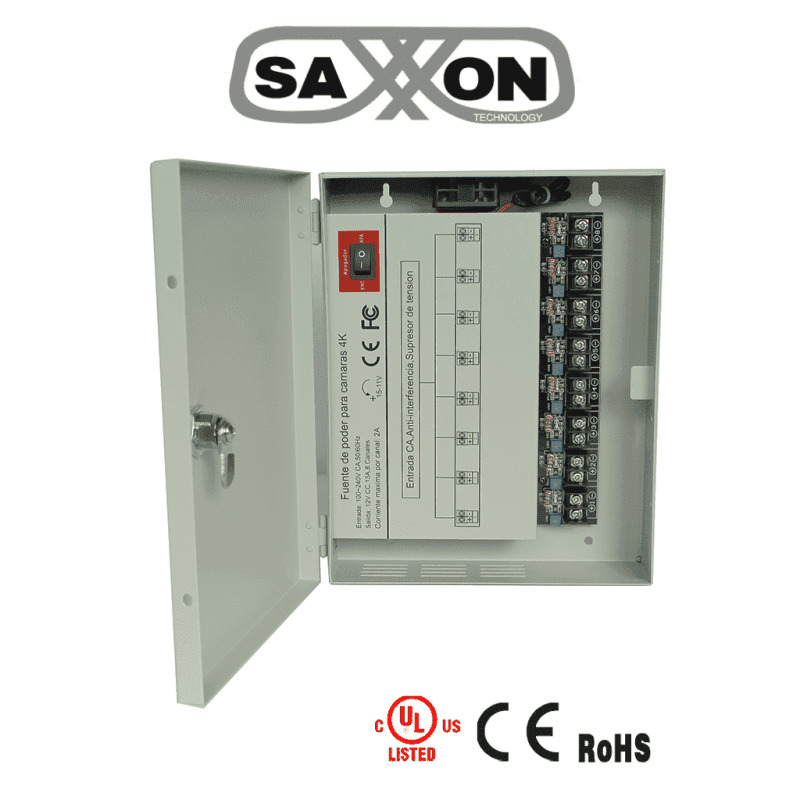 SAXXON PSU1213D8H- Fuente de Poder Profesional de 11 a 15 vcd/ 13 Amperes/ Para 8 Camaras Hasta 4k/ 1.6 Amperes por Canal/  Protección contra Sobrecargas/ Filtro de Ruido por Canal/ Uso rudo/ image 2