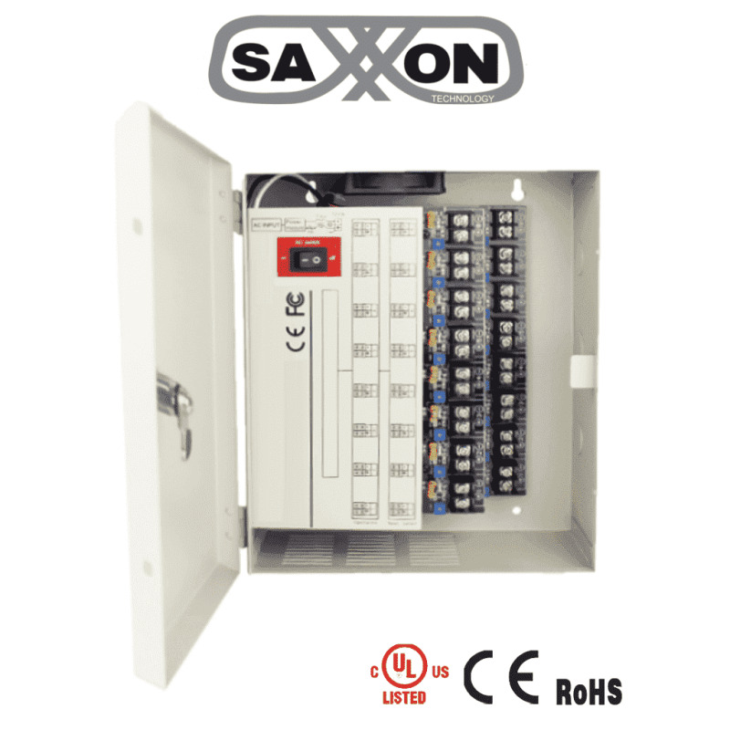 SAXXON PSU1220D16H- Fuente de Poder Profesional de 11 a 15 vcd/ 20 Amperes/ Para 16 Camaras Hasta 4k/ 1.25 Amperes por Canal/ Protección contra Sobrecargas/ Filtro de Ruido por Canal/ Uso rudo/