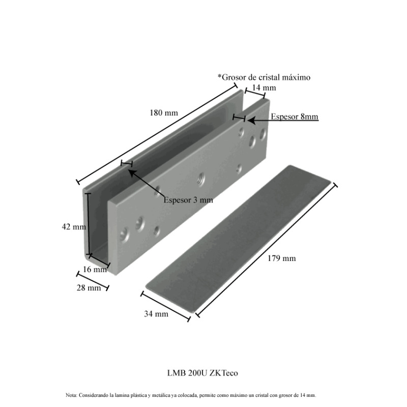ZKTECO LMB200U - Soporte en U para instalación de contrachapa magnética en puertas de vidrio sin marco compatible con cerradura magnética con Modelo LM200LED clave ZKT0850002 image 13