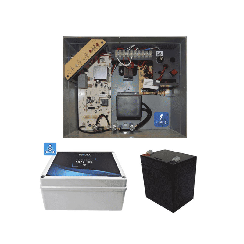 YONUSA PACKEY12000127P - Paquete de energizador de 12,000V para un cerco eléctrico de hasta 3500 mts lineales/ Incluye modulo wifi para manejo y recepción de alertas desde celular/  Batería de respaldo de regalo