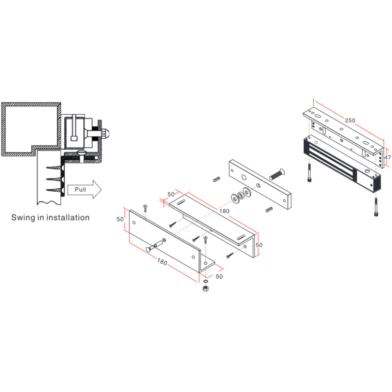 YLI YM350WSPAK - Paquete con chapa de 350 kg/800 Lb para uso en exteriores o interiores IP68 uso en puertas de metal, vidrio o madera incluye soporte de fijación ZL image 2