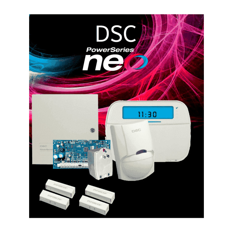 DSC NEO-ICON-SB - Paquete SERIE NEO con panel HS2032 de 8 zonas cableadas expandible a 32/Teclado de Iconos HS2ICN /Sensor PIR LC-100- PI Cableado/2 contactos blancos cableados/Transformador/Gabinete GTVCMX003/Sin Batería/#PLANDEBENEFICIOS #MUNDIALTVC
