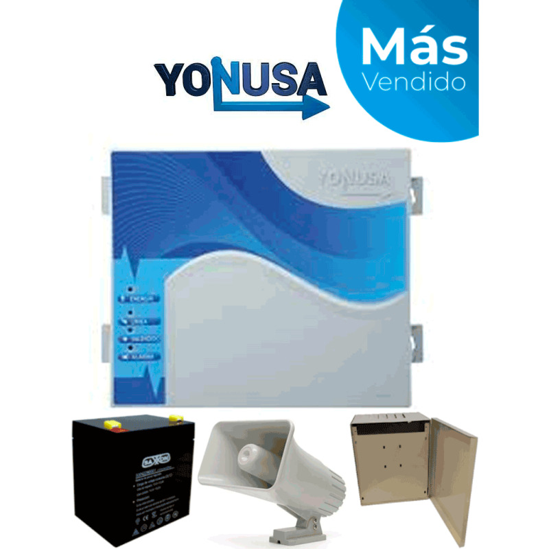 YONUSA EYNG12001BAT - Energizador de nueva generación de12,000 V con hasta 2,500 metros lineales, compatible con modulo Wifi, incluye Sirena de 30W con gabinete metálico y batería de respaldo de 12VDC a 4.5 Ah 