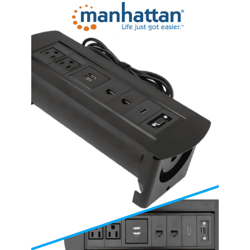 MANHATTAN 164856 - Caja de Conexiones para Escritorio de Apertura Giratoria/ 2 Puertos RJ45/ 1 Puerto HDMI con Conexión de Paso/ 2 Contactos Eléctricos/ 2 puertos USB-A con LED y 1 salida de hasta 2.1A / 5 VDC/ 1 Puerto VGA/ image 2