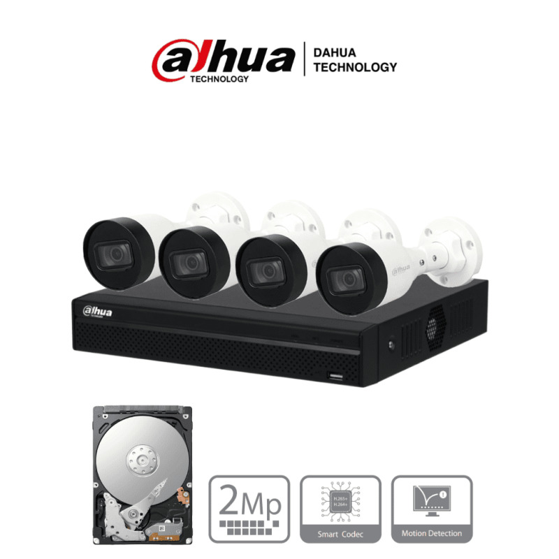 DAHUA KITNVR1104HS-P+4C1TB- Kit IP de 4 Canales de 2MP/ NVR con 4 Puertos PoE/ Disco Duro de 1TB/ 4 Camaras Bullet de 2 Megapixeles con IR de 30 Metros/ Exterior (IP67)/  Incluye Disco Duro de 1 TB/ #LoNuevo #terror #newproducts #mundialtvc