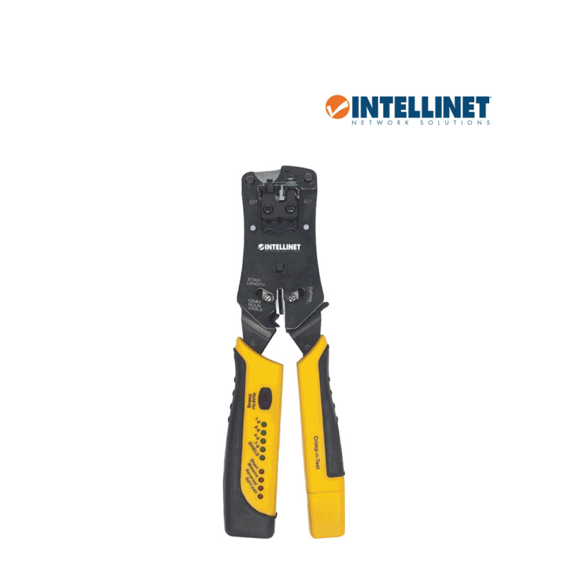 INTELLINET 780124 Pinza Crimpeadora Universal de Plugs Modulares y Probador de Cables 2-en-1 Crimpeadora y Probador de Cables - Corta, Pela, Remata y Prueba