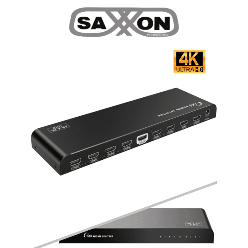 SAXXON LKV318HDR-V2.0 - Divisor de Video HDMI  de 1 Entrada y 8 Salidas/ Soporta Resolución Ultra HD 4K&2K @30 Hz/ Distancia  de 10 Metros en Entrada y Salida/ Switch EDID/ 