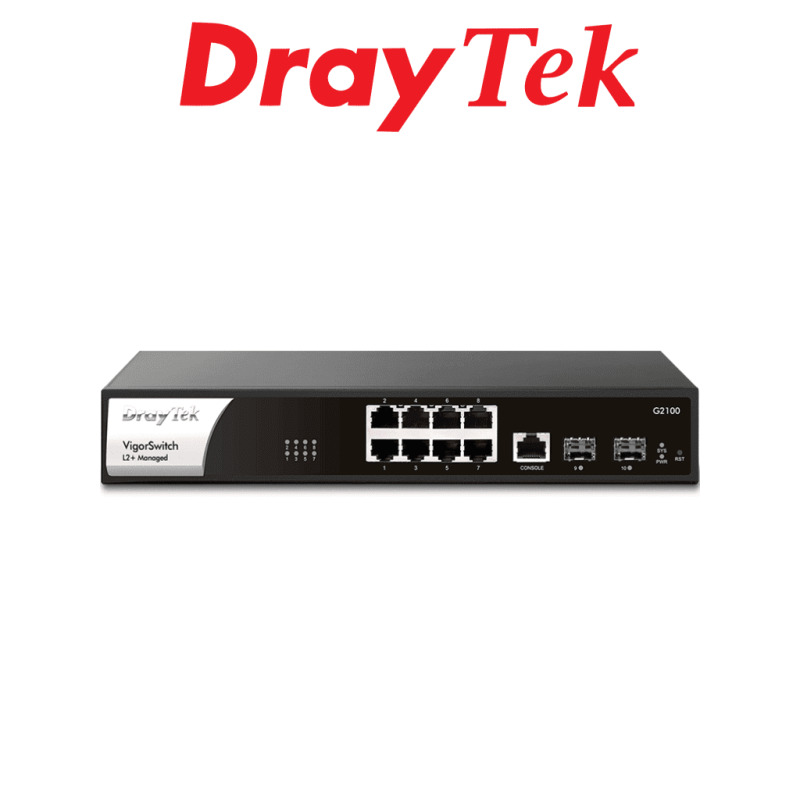 DRAYTEK VigorSwitch G2100 - Switch Gigabit de 10 Puertos Administrable/8 Puertos 10/100/1000Mbps + 2 SFP + 1 Puerto Consola/Capa 2/Con Funciones de Capa 3 como: Servidor DHCP y Enrutamiento VLAN/Interface Web/Prevención de Conflictos IP/#LONUEVO#TERROR
