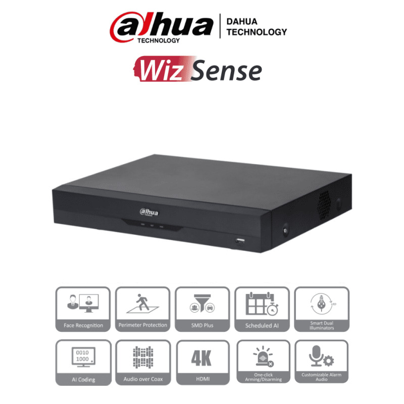 DAHUA XVR5116HE-4KL-I3 - DVR de 16 Canales 4k/ WizSense/ IA/ H.265+/ 16 Canales HDCVI+16 IP/ Hasta 32 Ch IP/ 2 Ch de Reconocimiento Facial/ SDM Plus/ 16&3 E&S de Alarma/ Codificación IA/ Protección Perimetral/ 1 Puerto SATA/ Funciones IoT & POS/ #LoNuevo
