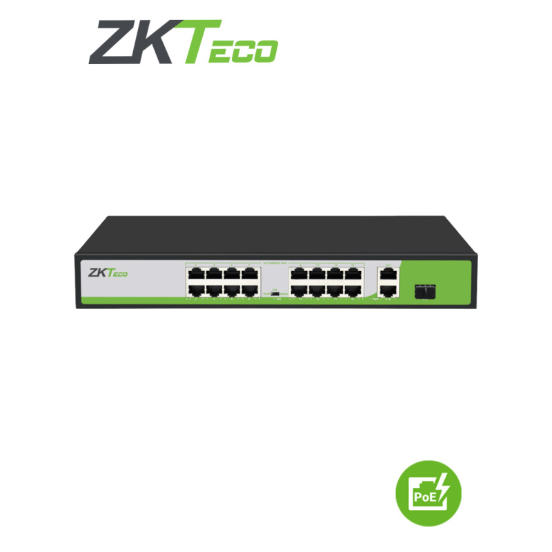 ZKTECO PE162200C - Switch 16 Puertos RJ45 10/100 Mbps con PoE AF/ AT + 2 Puertos 10/100/1000Mbps + 1 Puerto SFP / Soporta hasta 250mts sobre UTP CAT 6 / Protección Contra Descargas /NO Administrable image 2