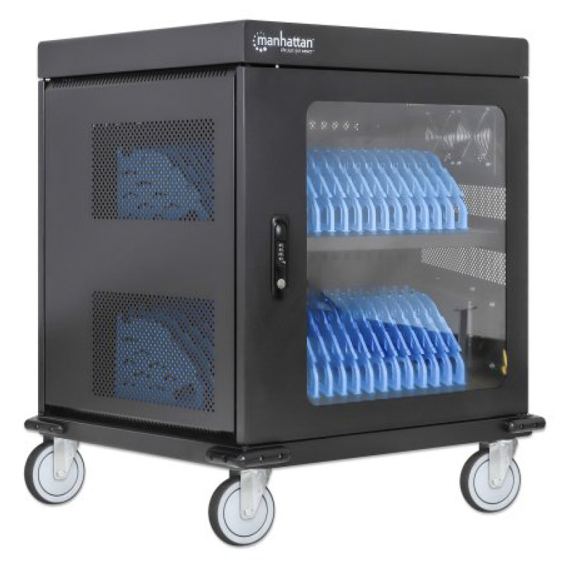 MANHATTAN - 180931 - Carrito de carga con 32 contactos CA / 32 Tomas de corriente NEMA 5-15R, integradas en la parte posterior, protección contra sobrecarga, amplias ranuras para dispositivos de hasta 15.6", gabinete con cerradura, negro #I&MBFIN image 5