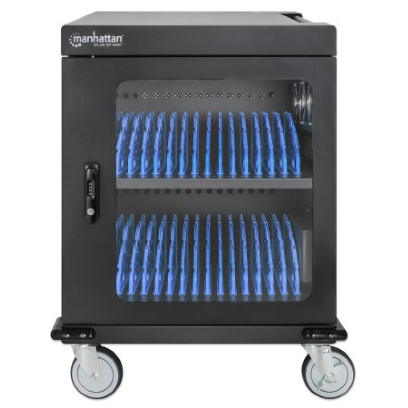 MANHATTAN - 180931 - Carrito de carga con 32 contactos CA / 32 Tomas de corriente NEMA 5-15R, integradas en la parte posterior, protección contra sobrecarga, amplias ranuras para dispositivos de hasta 15.6", gabinete con cerradura, negro #I&MBFIN image 6