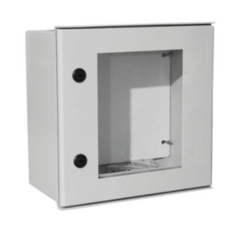 Gabinete de Poliéster IP65 Puerta Transparente Uso en Intemperie 400 x 400 x 200 mm con Placa Trasera Interior de Plástico Incluye Chapa y Llave