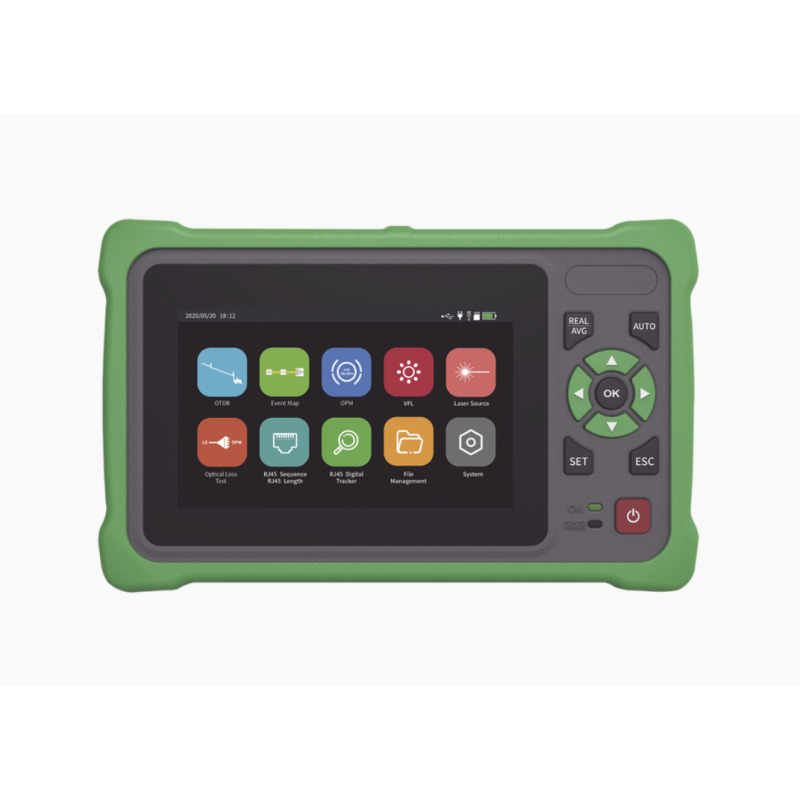 OTDR Touch para Pruebas en los Enlaces de Fibra Óptica / Longitudes de onda  1310nm y 1550nm / Función VFL 10mW / Función OPM / Función de Mapeo de cables de Red RJ45 / Recargable / Distancia de prueba de hasta 260km