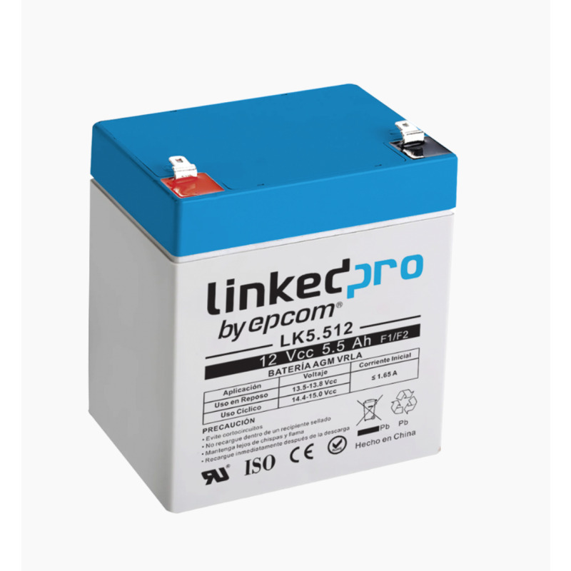 Batería 12 Vcc / 55 Ah / UL / Vida útil promedio 5 años / Tecnología AGMVRLA / Para uso en equipo electrónico Alarmas de Intrusión / Incendio/ Control de acceso / Video Vigilancia / Terminales F1  Incluye adap