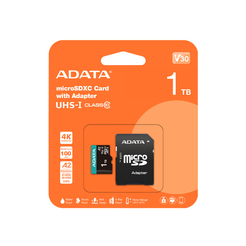 MEMORIA ADATA MICRO SDXC/SDHC 1TB UHS-I VIDEOVIGILANCIA 24/7 100MB/85MB 4K CLASE 10 U3 V30 A2 C/ADAPTADOR (AUSDX1TUI3V30SA2-RA1)