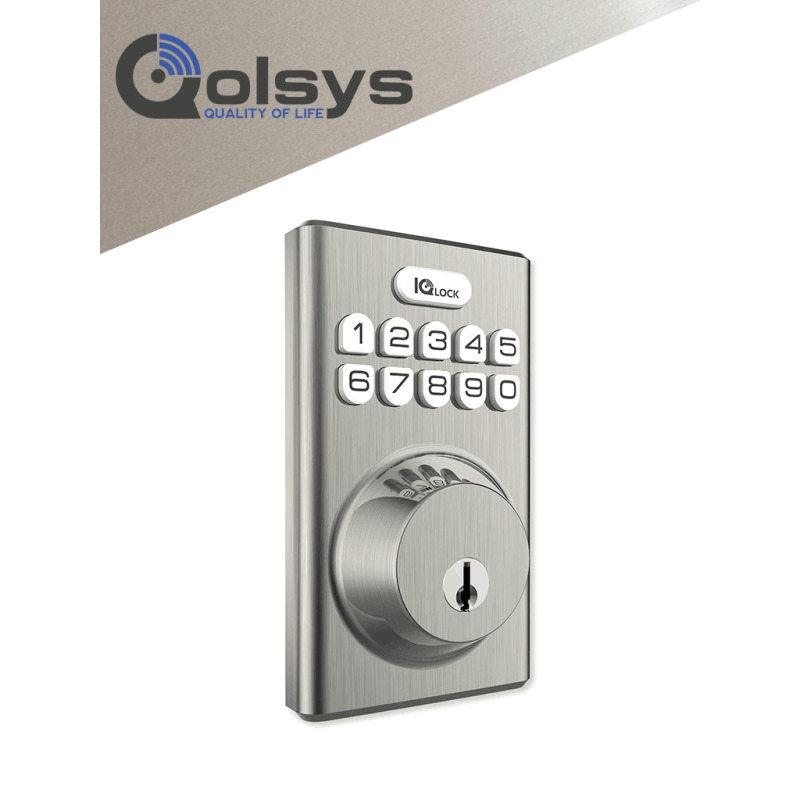 QOLSYS IQDLK-PGK-SN Cerradura con botón pulsador - Cerradura Inteligente PowerG, color Níquel Satinado ( Satin Nickel )