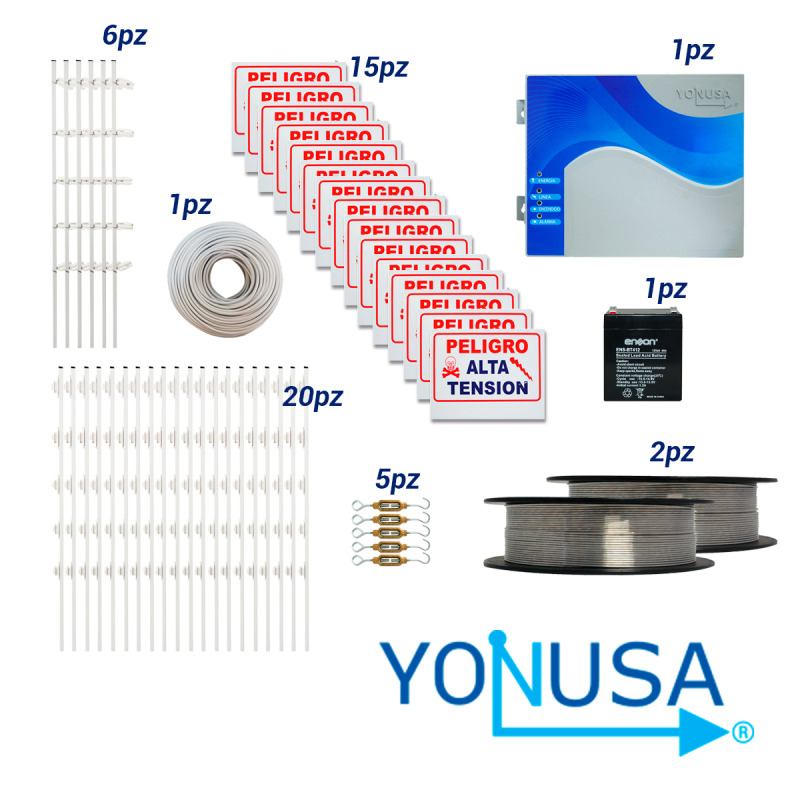 KIT DE CERCA ELECTRIFICADA CON ACCESORIOS PARA 100METROS INCLUYE:
ENERGIZADOR, BATERIA ENS-BT412, CABLE, ALAMBRE, POSTES, LETREROS Y TENSORES
