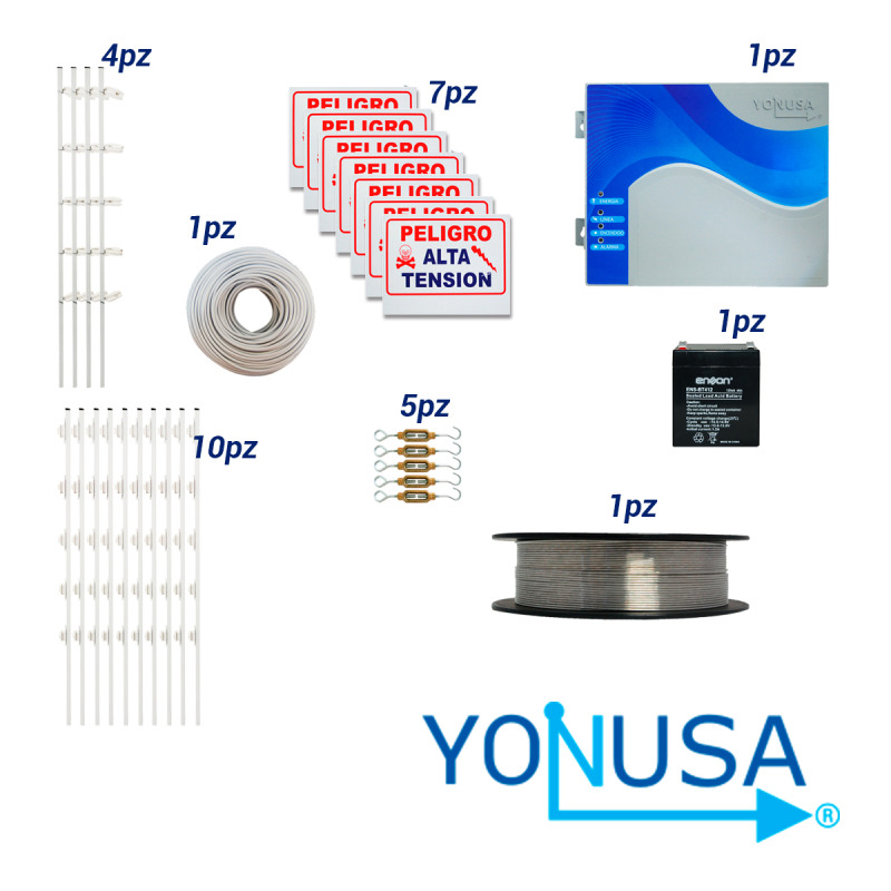 KIT DE CERCA ELECTRIFICADA CON ACCESORIOS PARA 50METROS INCLUYE:
ENERGIZADOR, BATERIA  ENS-BT412 CABLE, ALAMBRE, POSTES, LETREROS Y TENSORES