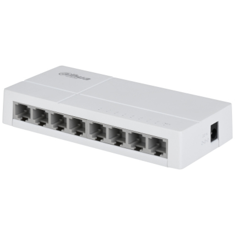 DAHUA DH-SF1008L - Switch de Escritorio con 8 puertos Fast Ethernet (10/100 Mbps), diseño compacto de capa 2, con capacidad de switching de 1.6 Gbps y velocidad de reenvío de paquetes de 1.19 Mpps. Ideal para redes eficientes y compactas.