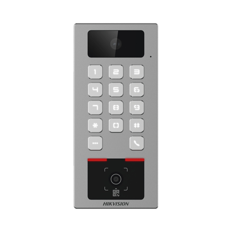 Teclado con Lector Físico de QRs para Exterior Antivandálico IP65  IK09 con función de Videoportero Multiapartamento /  Huella Tarjeta Código QR PIN o App HikConnect  / Cámara 2 MP compatible con NVRs / Soporta b