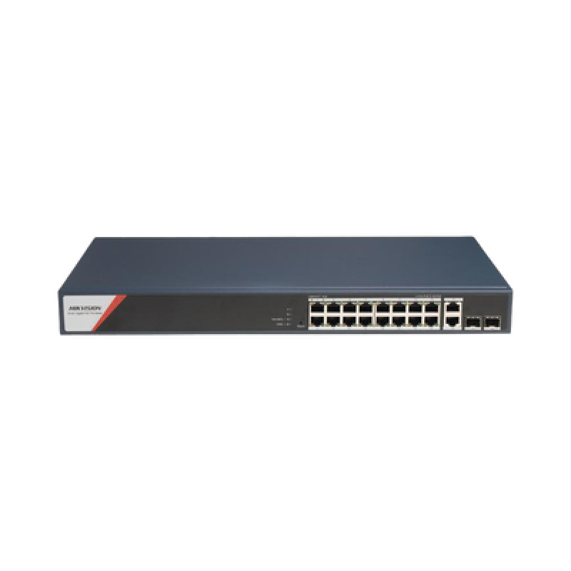 Switch Gigabit PoE / Administrable / 16 Puertos 1000 Mbps PoE 4 Puertos PoE 90 W / 2 Puertos 1000 Mbps de Uplink / 2 Puertos SFP / Configuración Nube HikPartnerPro / Modo Extendido hasta 300 Metros / 230 W
