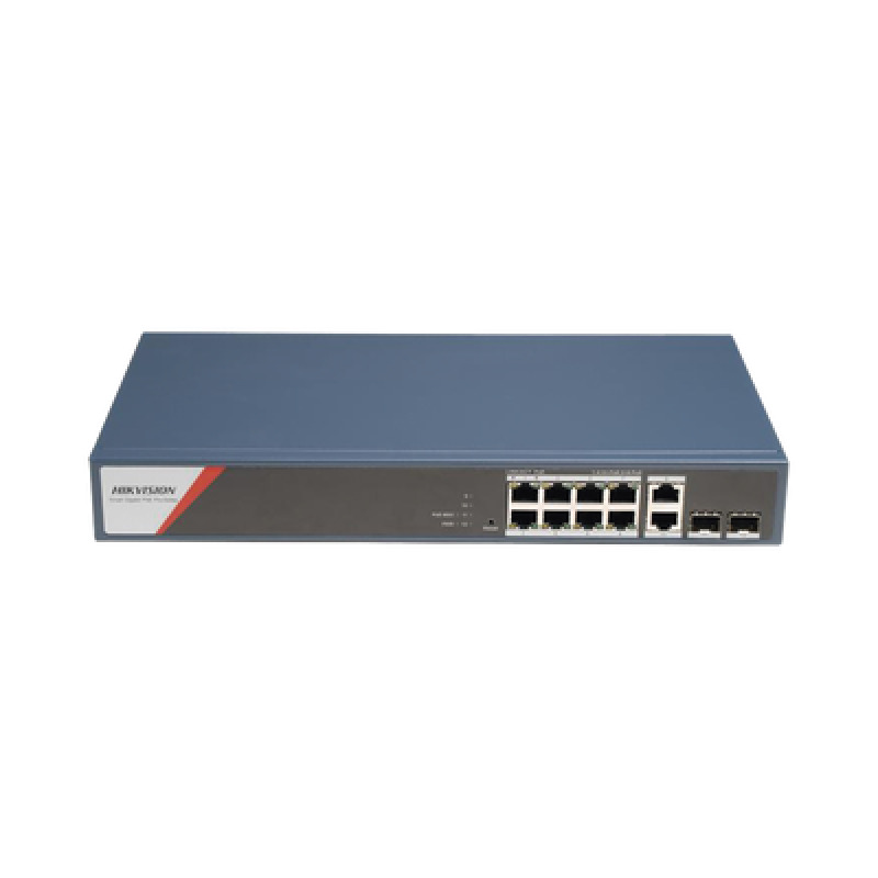 Switch Gigabit PoE / Administrable / 8 Puertos 1000 Mbps PoE4 Puertos PoE 90 W / 2 Puertos 1000 Mbps de Uplink / 2 Puertos SFP / Configuración Nube HikPartnerPro / Modo Extendido hasta 300 Metros / 130 W