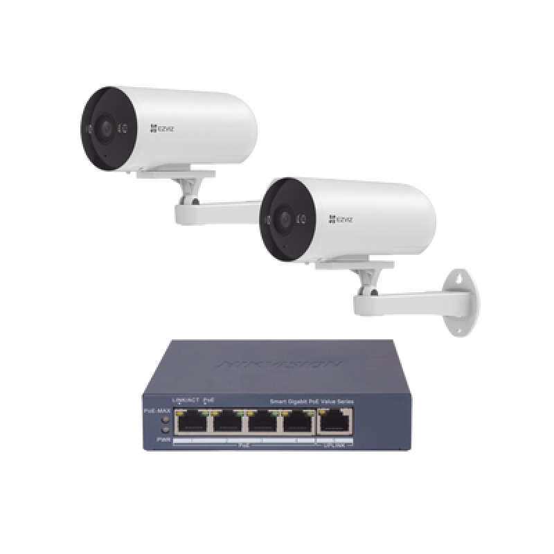 Kit de cámaras WiFi Para Uso en Exterior / PoE Estandar Af / 2 piezas CSH5/3MP/ 1 Pieza de Switch DS3E1505PEI/M / Vision Nocturna a Color / IP67 / Audio Bidireccional / Luz y Sirena / 4 Puertos 1000 Mbps PoE / 1 Puerto 1000 Mbps Uplink